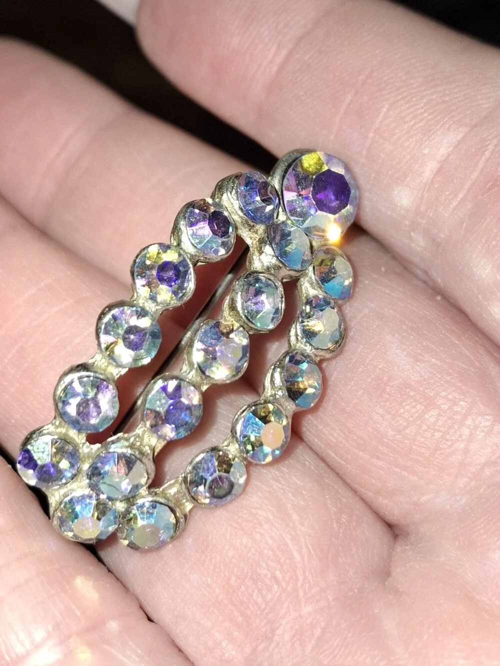 Aurora Borealis Finish Crystal Domed Brooch Iridescent Stunning Pin Unmarked